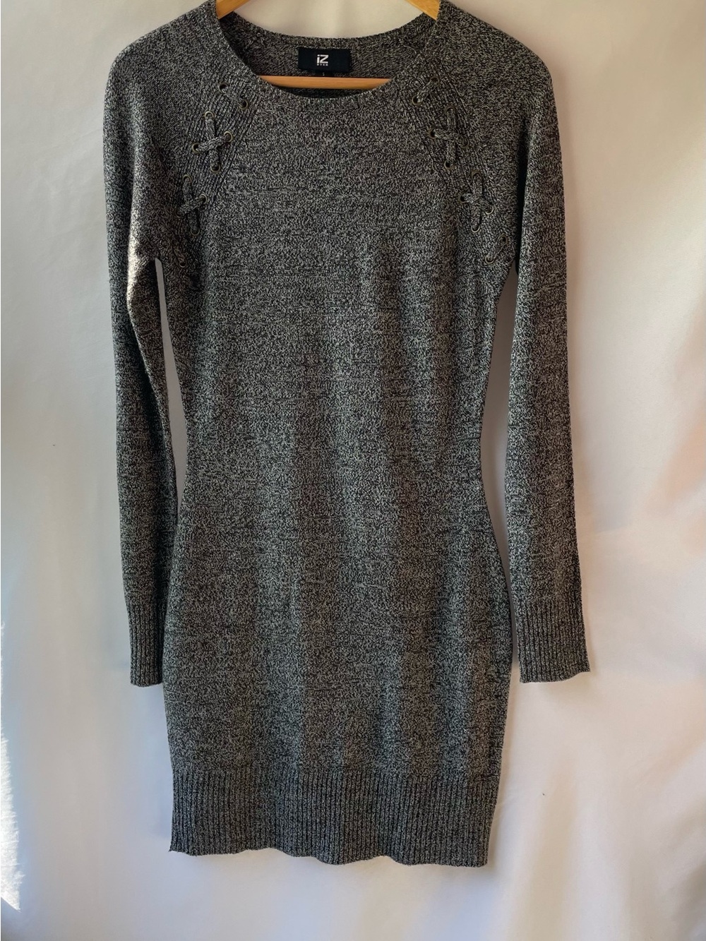 IZ Byer Gray Knit Sweater Dress Lace Detail Mini Length Stretch